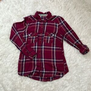 Maurice’s maroon, purple, and white plaid shirt